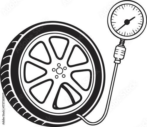 Minimalist Car Tire and Pressure Gauge Vector Icon in Black and White