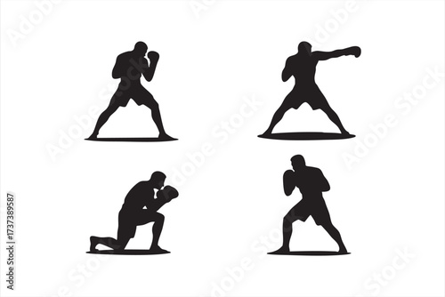 Black and White Boxing Silhouette Set of Athletes in Fighting Poses