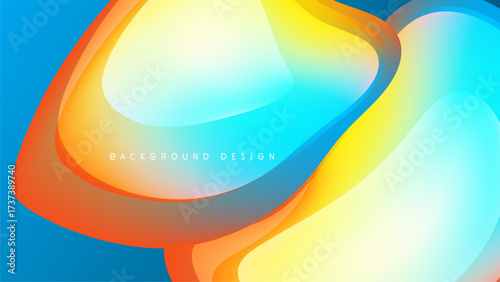 Abstract fluid shapes blend vibrant colors. Orange, yellow, blue create dynamic composition. Modern design element for backgrounds.