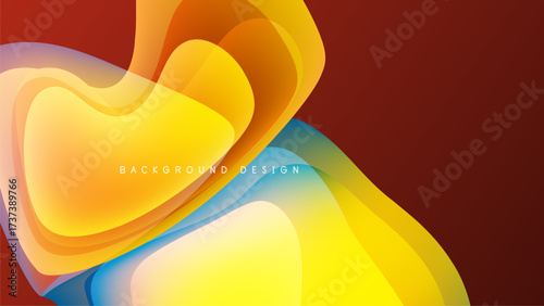 Abstract fluid shapes, vibrant colors blend. Yellow, orange, blue create dynamic composition over dark background. Modern design element.