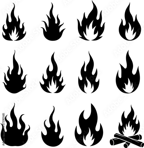 Abstract Black Fire and Hot Flame Icon Set

