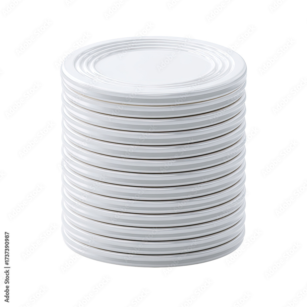 Obraz premium A neatly stacked column of numerous small, round, white plates with subtle concentric rings, creating a cylindrical form