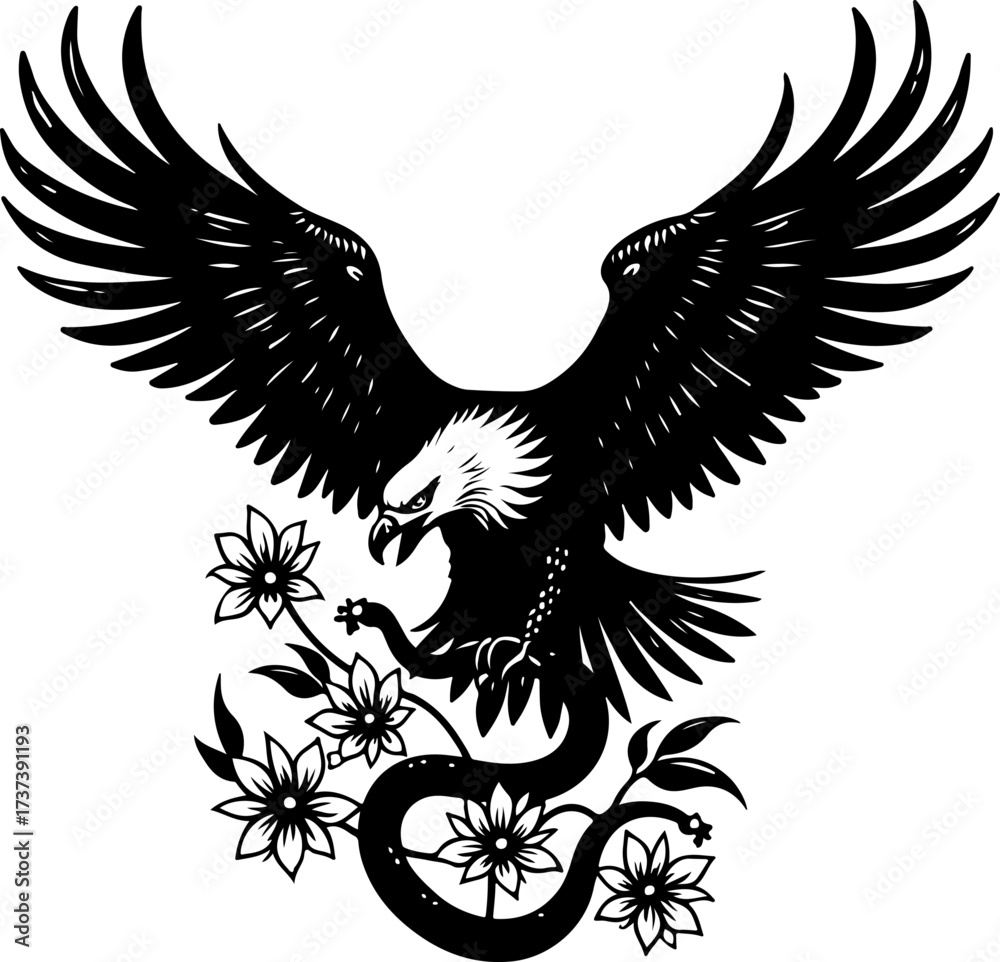 Obraz premium Engraved Eagle with Snake and Floral Tattoo Design