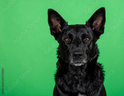 Black Dog Portrait Against Green Background.