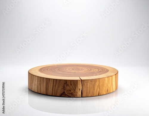 A circular wooden slab, showing wood grain, resting on a bright, white surface