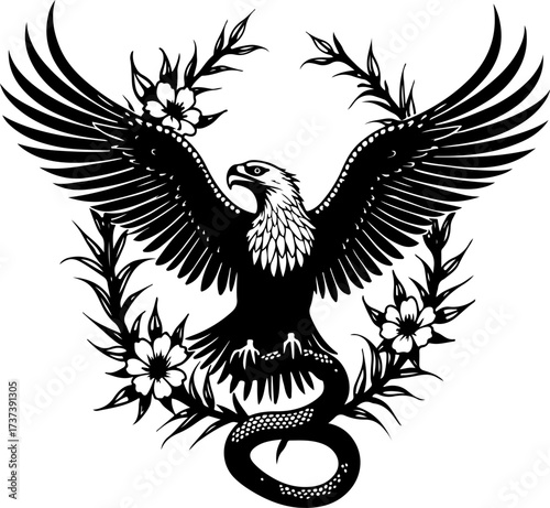 Engraved Eagle with Snake and Floral Tattoo Design