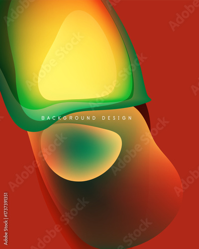Abstract shapes blend, vibrant colors dominate. Gradient transitions create depth, modern design element. Smooth curves suggest fluidity.