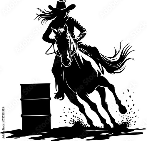 Cowgirl Barrel Racer on Galloping Horse Silhouette