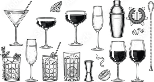 Vintage bar tools and drinkware illustration with cocktail glasses, garnishes, citrus reamer, jigger — classic mixology setup in sketch style
