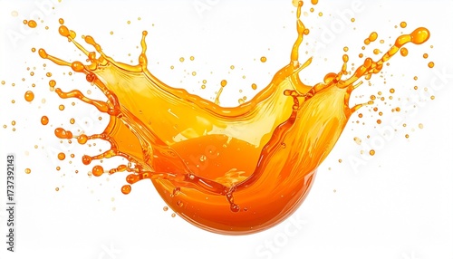 Render a vibrant splash of orange liquid mid-motion with flying droplets and translucent curves, isolated on a clean background to emphasize energy, freshness, and dynamic fluid texture.
