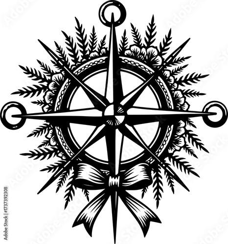 Vintage Nautical Compass Rose and Floral Engraving