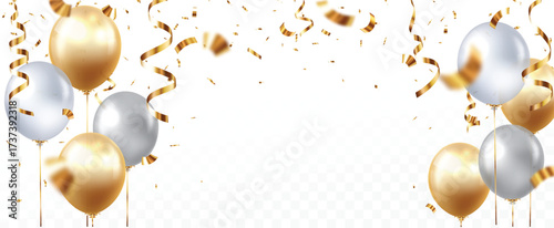 Gold and silver balloons with confetti, new design for Birthday greeting card, banner, and template backgrounds