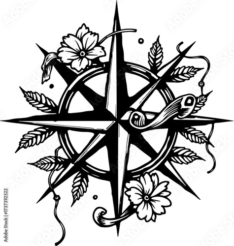 Vintage Nautical Compass Rose and Floral Engraving