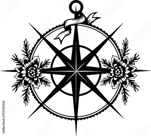 Vintage Nautical Compass Rose and Floral Engraving