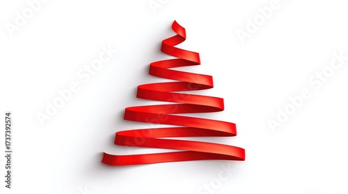 Christmas tree - shaped red ribbon, on white background, front view, copy space
