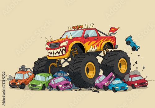 Cartoon Monster Truck Crushing Cars with Flames and Spikes Illustration.