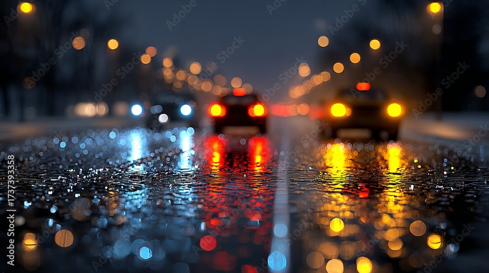 Obraz premium Star bokeh of traffic lights on a rainy night through a wet window urban city street glow defocused sparkle abstract background for festive mood and atmospheric design with copy space