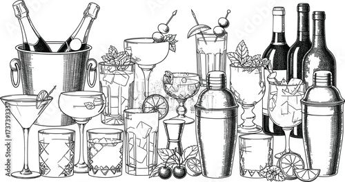 Vintage cocktail barware set with assorted alcoholic drinks, garnished beverages, wine bottles, champagne bucket, tumblers, mixology tools, celebration scene