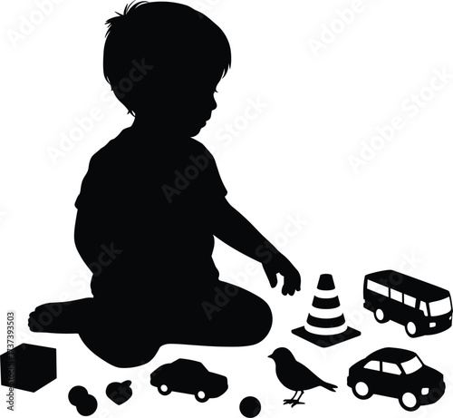 Silhouette of a child playing with toys on a white background Keywords: child, silhouette