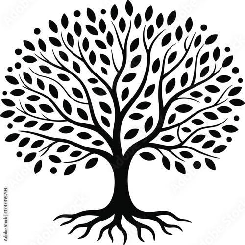 Stylized Black Tree Of Life With Intricate Roots And Branches vector illustration