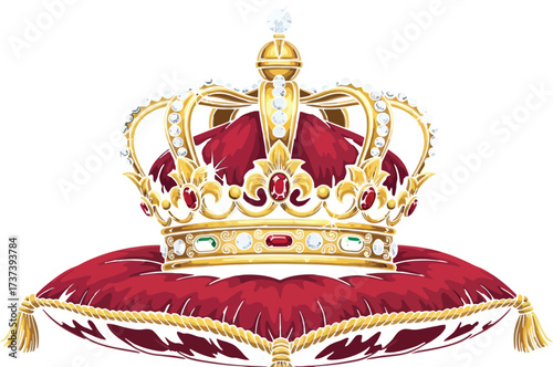 Elegant golden crown with jewels resting on a red velvet pillow
