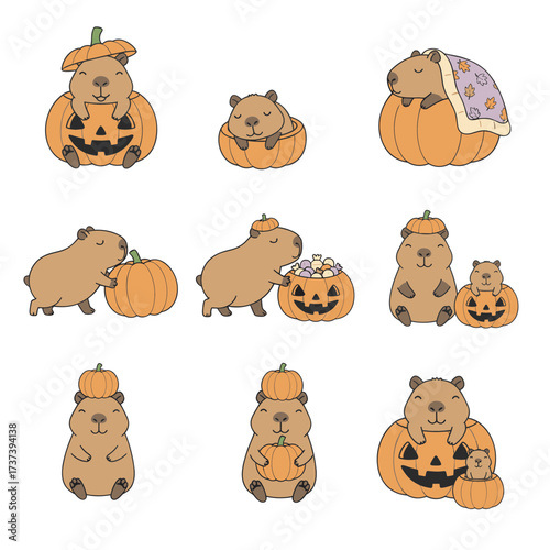 Capybaras celebrating halloween in pumpkins, perfect for seasonal designs, greeting cards, and childrens illustrations with a fun twist.