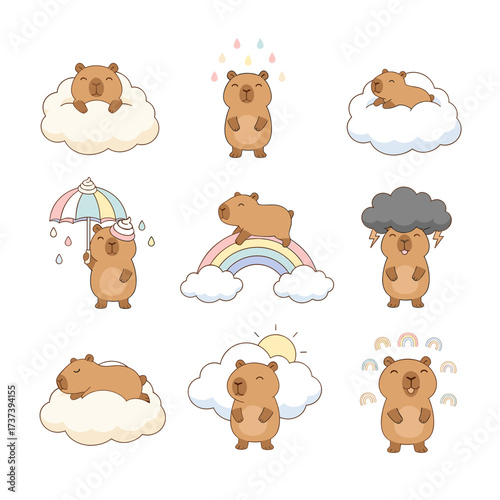 Capybaras showing diverse weatherrelated emotions, ideal for weatherrelated articles, blog posts, educational materials, or social media content.