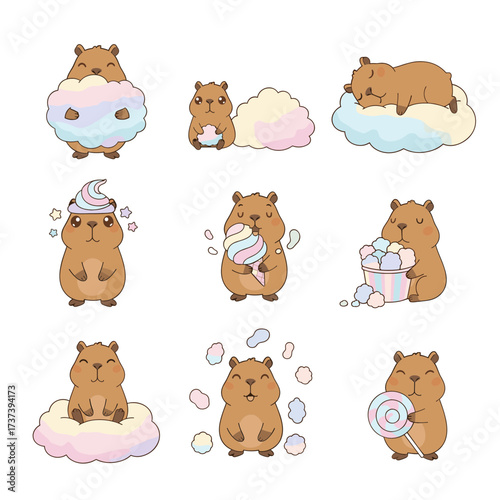 Cute brown bears enjoying colorful sweets and fluffy clouds, perfect for a vibrant childrens book illustration or candythemed design project.