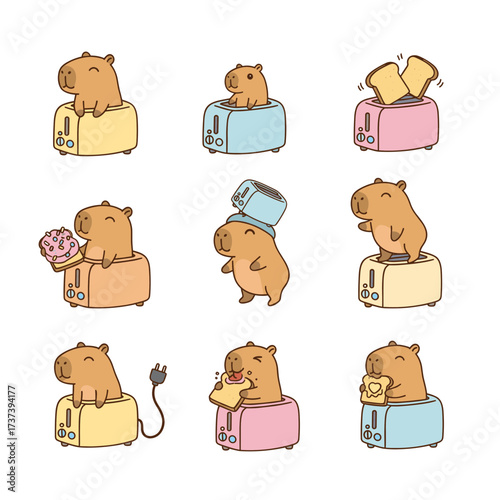 Capybaras delight in toasters in a colorful and whimsical illustration, perfect for childrens books, stationery, and product design.