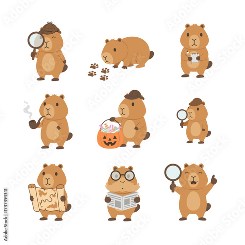 Capybaras are engaging in fun human activities like playing music and shopping. Suitable for kids books or posters.