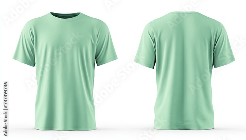 Pale green crew-neck short-sleeved t-shirt, front and back views on white background; simple, plain design