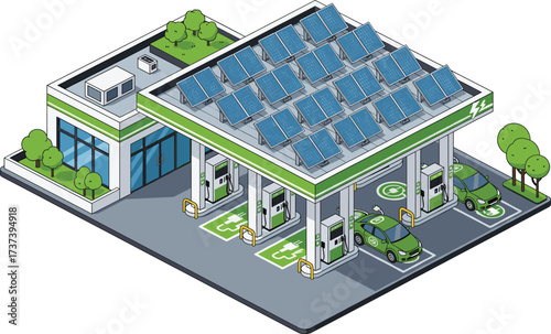 Solar-powered electric vehicle charging station with green energy canopy, eco-friendly cars, landscaped surroundings, modern architecture, sustainable urban transport infrastructure