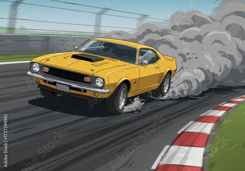 Yellow Muscle Car Drifting with Smoke on Racetrack.