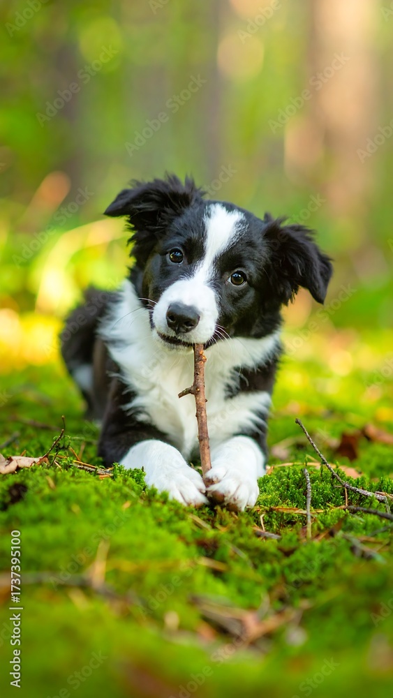 Fototapeta premium Cute puppy playing with a stick in the forest