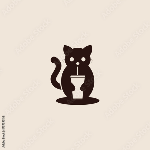 Cute Cat with Drink Logo Design – Minimal Animal And Beverage