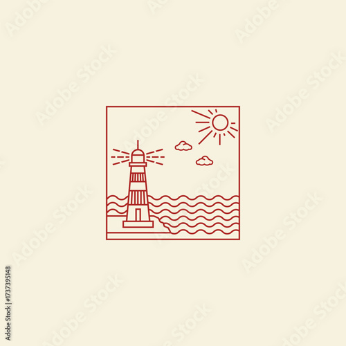 Lighthouse And Ocean View Logo Design – Minimal Line Art with Sun And Waves