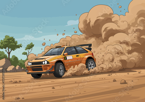 Cartoon Rally Car Racing Through Dust Cloud on a Dirt Track.