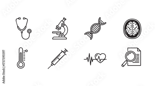Set of medical icons including stethoscope microscope dna brain scan thermometer syringe ecg and magnifying glass vector