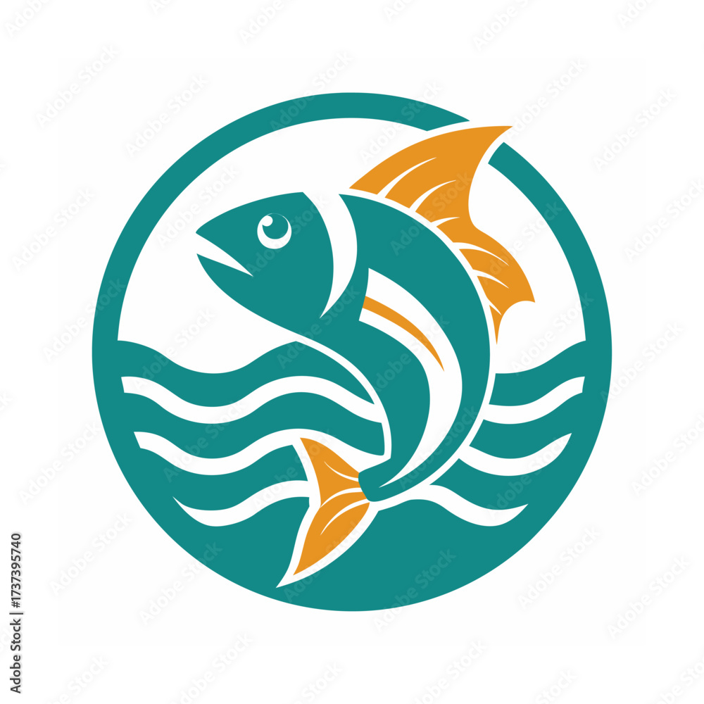 Naklejka premium Teal and Orange Fish Jumping in Water Circle Logo waves