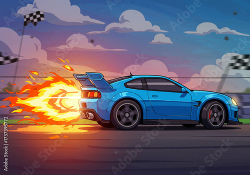 Cartoon Blue Sports Car with Flames and Spoiler on Racetrack.