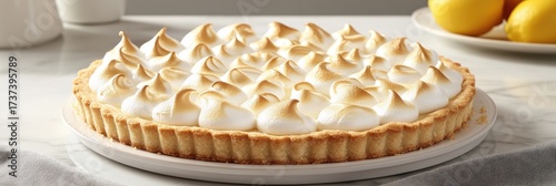 Lemon meringue tart with golden-brown peaks on white plate