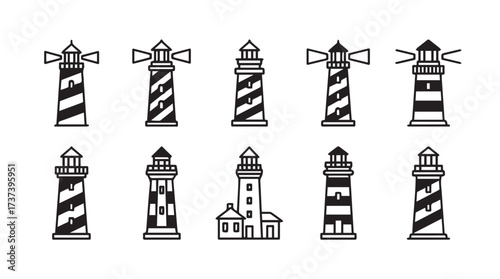 Collection of ten vintage lighthouse icons nautical sea navigation symbols for marine design vector