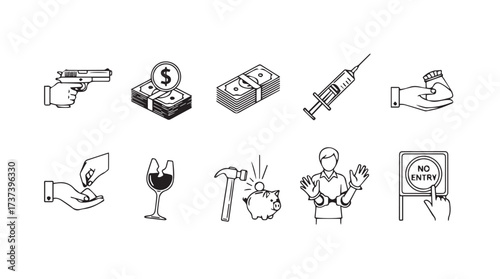 Conceptual icons depicting financial crime illicit activities money laundering and substance abuse vector
