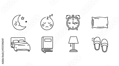 Cozy bedroom elements moon sleep alarm clock book lamp pillow bed slippers set vector