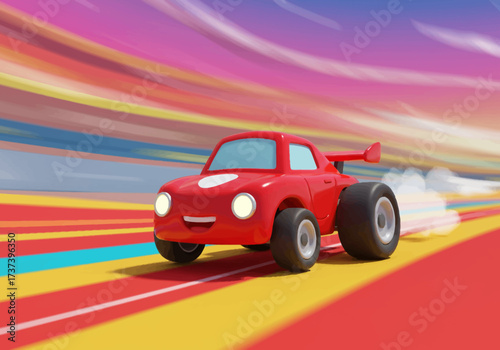 Cartoon Red Race Car with Smiling Face and Spoiler.