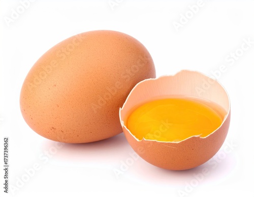 A brown egg stands next to a cracked one, revealing a bright yellow yolk