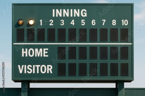 Baseball scoreboard with inning lights and team sections on green structure under clear sky background, symbolizing sport competition concept. Ai generative