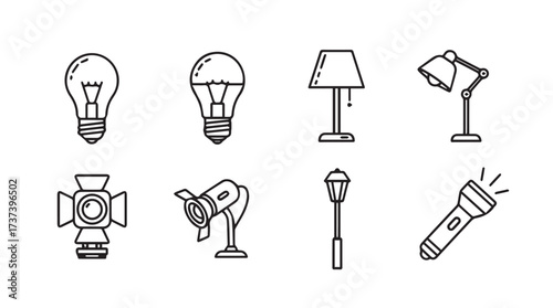 Collection of hand drawn lighting fixtures including lamps bulbs spotlights and flashlights vector