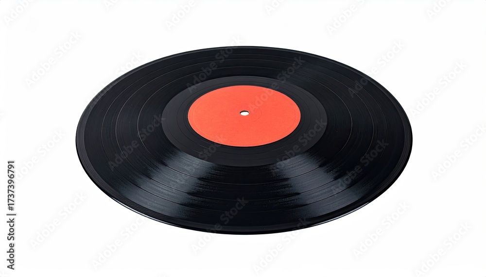 Fototapeta premium Black vinyl record with red label centered, set against a plain white background