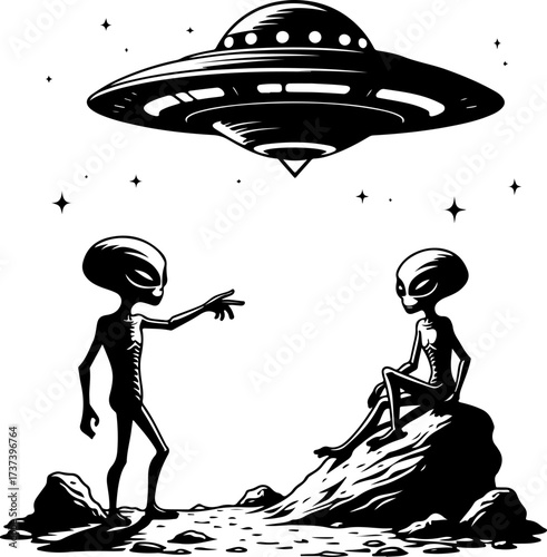 UFO and Aliens Meeting Illustration